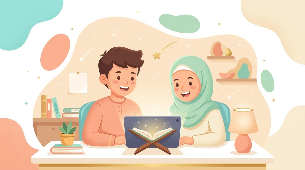 Muslim brother and sister happily learning Quran online with certified tutor