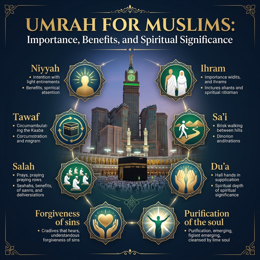 Umrah for Muslims: Importance, Benefits, and Spiritual Significance Infographic
